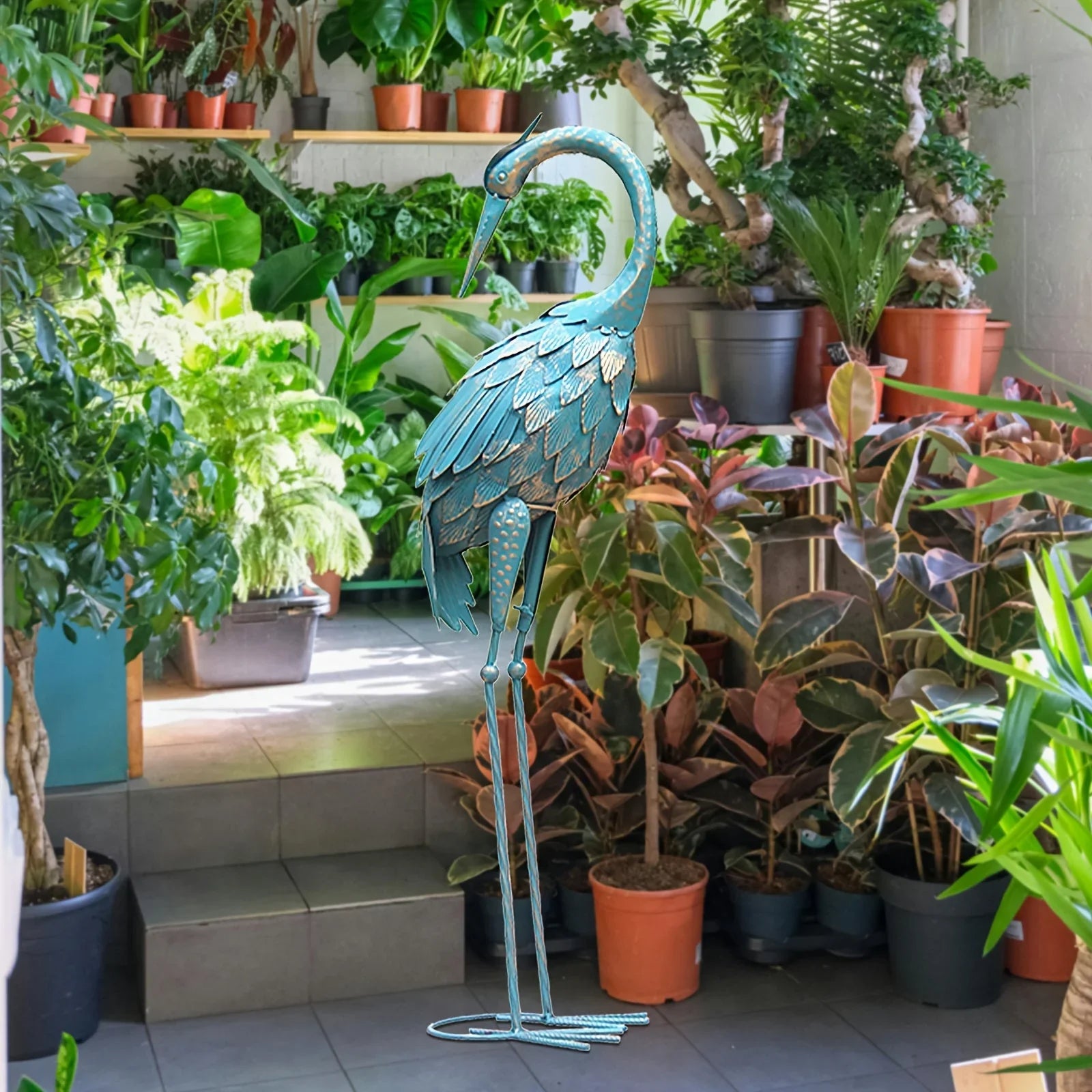 35in Blue Metal Crane Garden Sculpture - House Of Avana