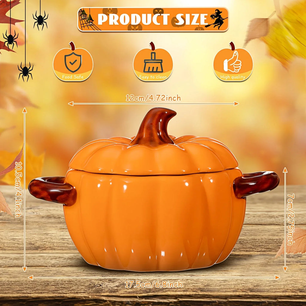 1pc 17oz Ceramic Pumpkin Pot Soup Bowl & Baking Dish with Lid - Double-Ear Handles, Ribbed Design, Vibrant Orange - Oven-Safe Cookware for Halloween, Fall Decor, Casseroles, Soups, Stovetop & Baking, Halloween Table Decor, Fe House Of Avana