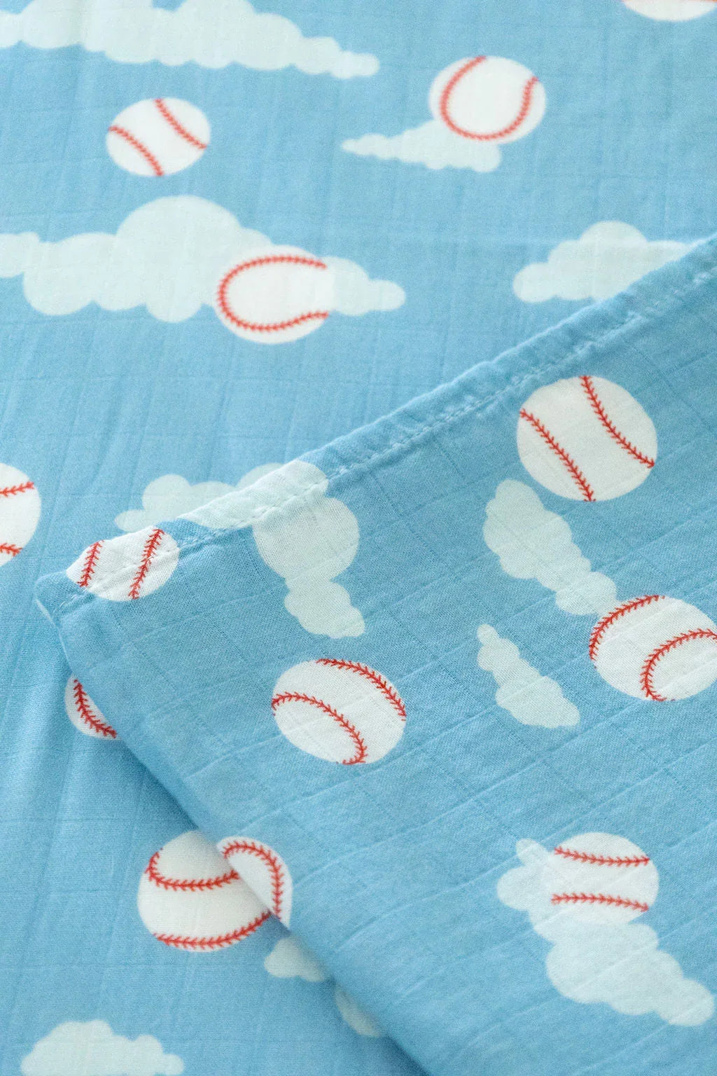 Organic Bamboo Cotton Muslin Crib Sheet in Baseballs in the Sky Cradle Comforts Co.