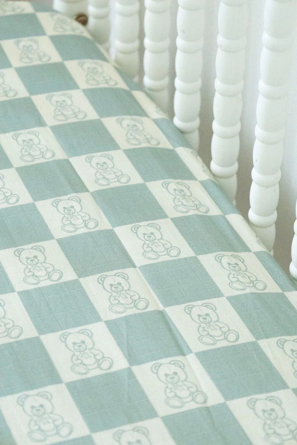 Organic Bamboo Cotton Muslin Crib Sheet in Checkered Bears Cradle Comforts Co.