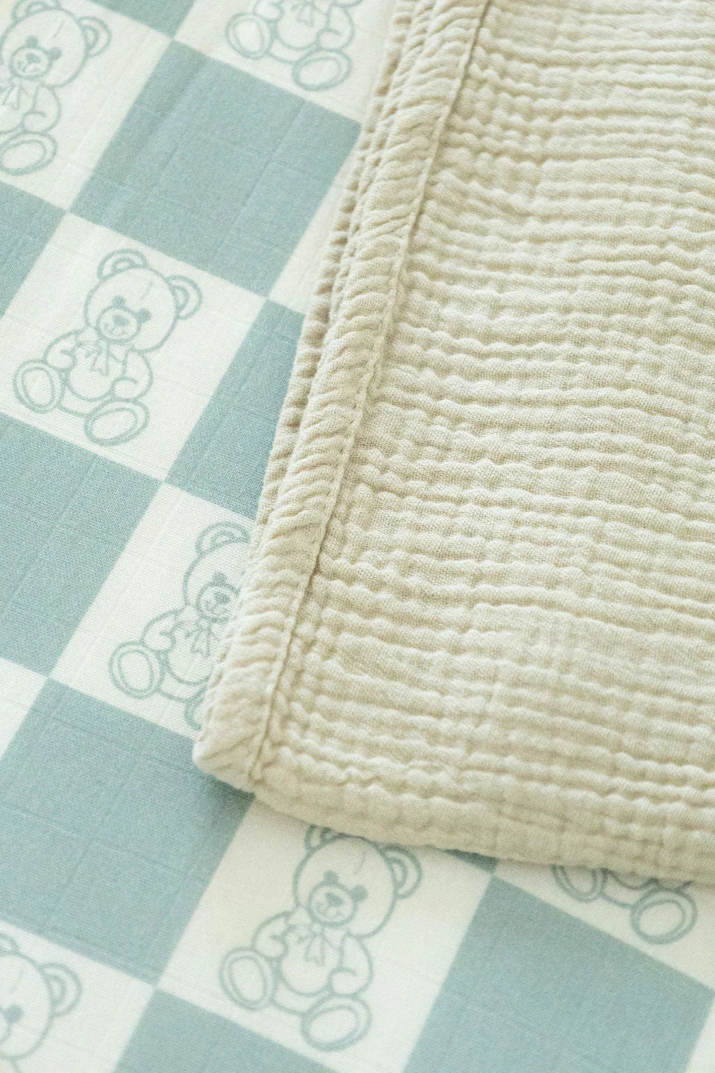 Organic Bamboo Cotton Muslin Crib Sheet in Checkered Bears Cradle Comforts Co.