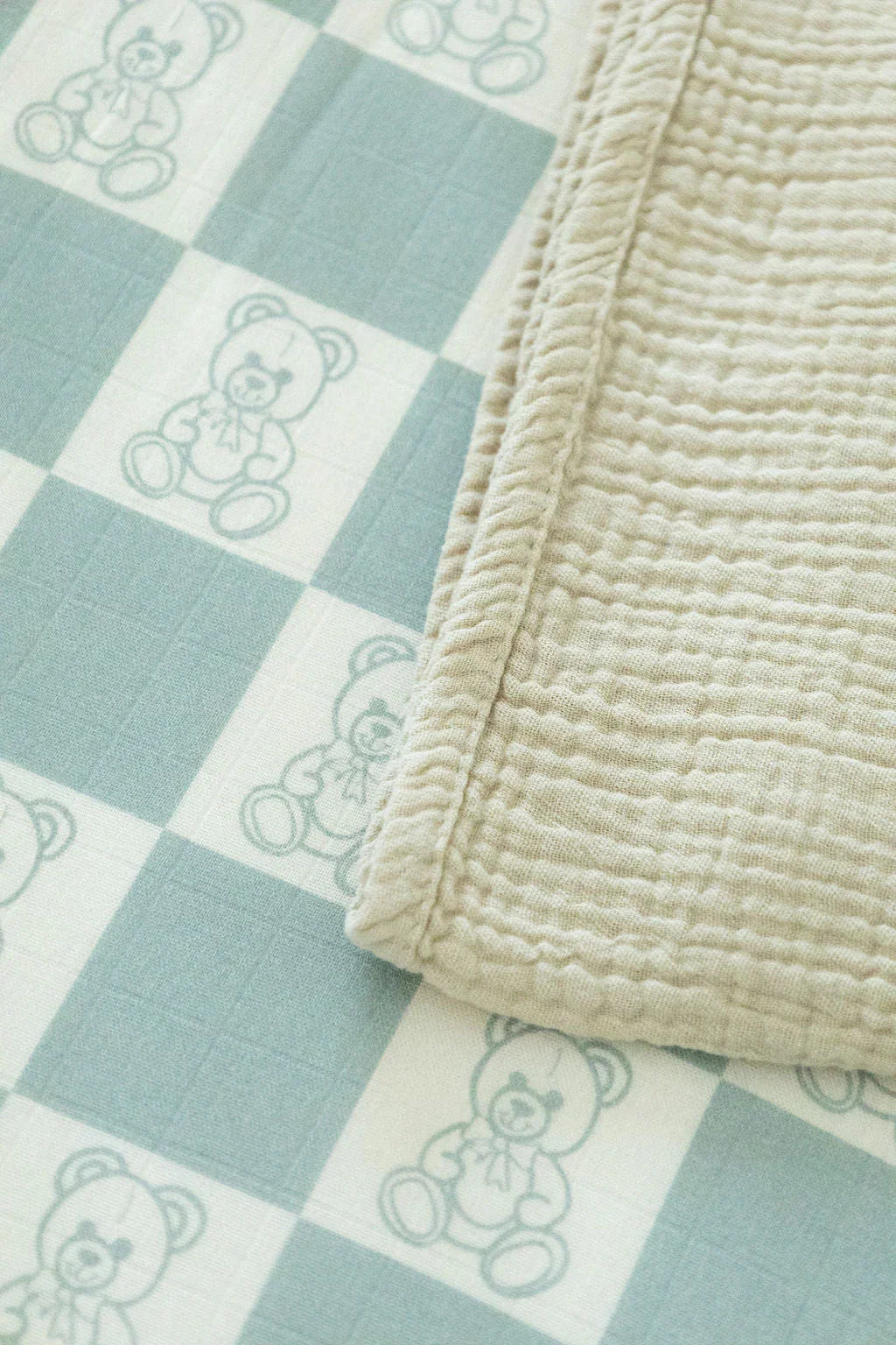 Organic Bamboo Cotton Muslin Crib Sheet in Checkered Bears Cradle Comforts Co.