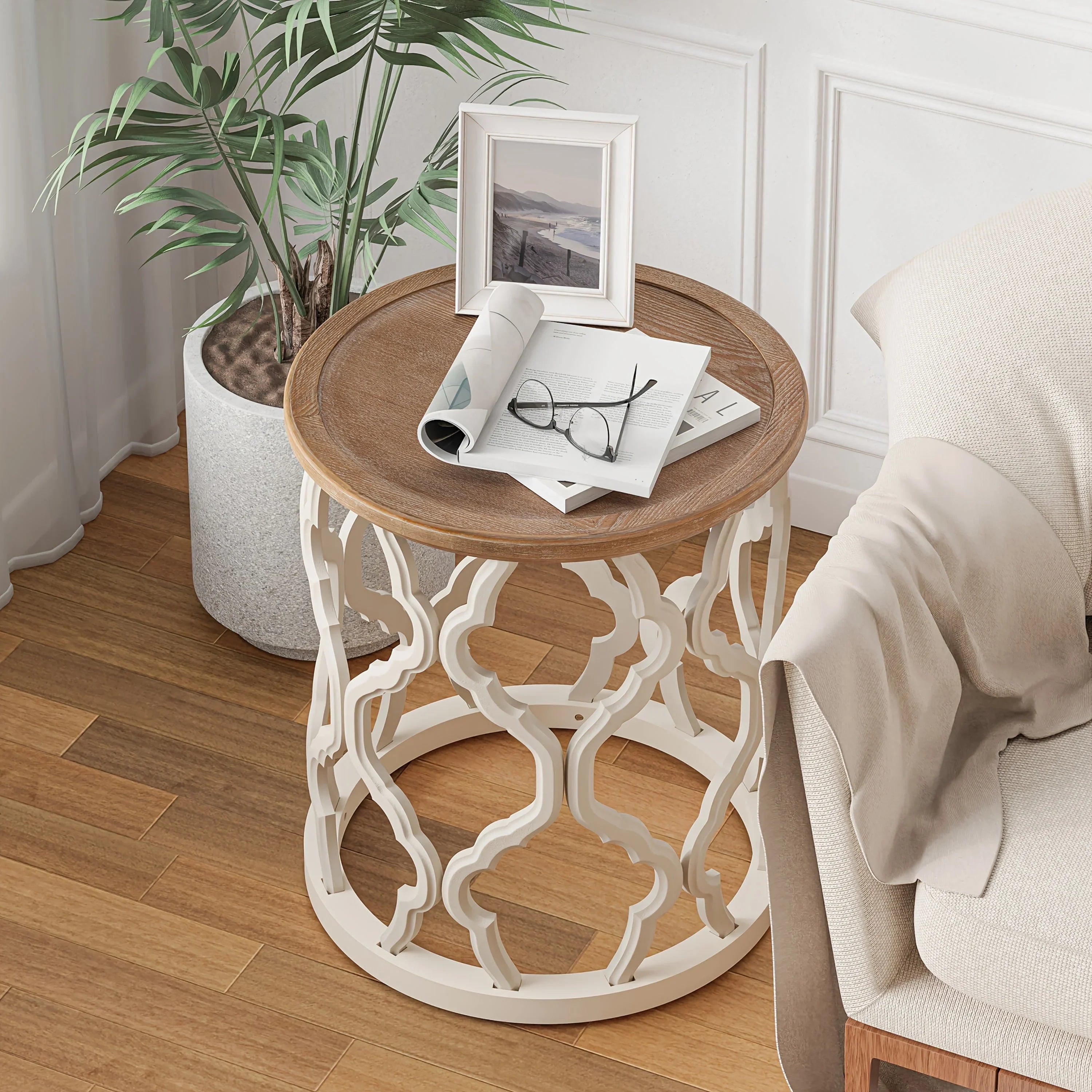 Farmhouse Rustic Round White End Table, Coffee Table, Distressed Tray Top Side Table With Curved Motif Frame Base House Of Avana