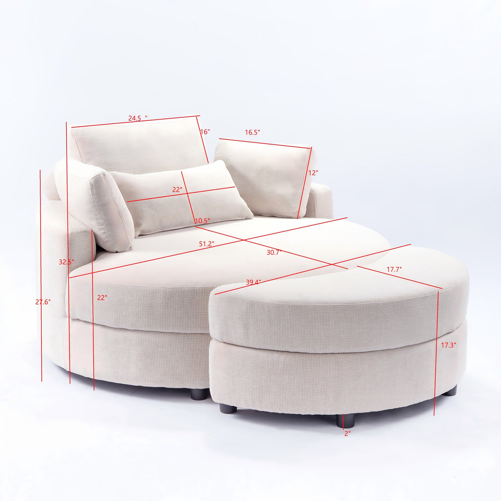 52 Inch Round Chair Linen with Moon Storage Ottoman, with 4 Pillows for Study Living Room Bedroom, Beige/dark Gray/light Gray/orange/green House Of Avana