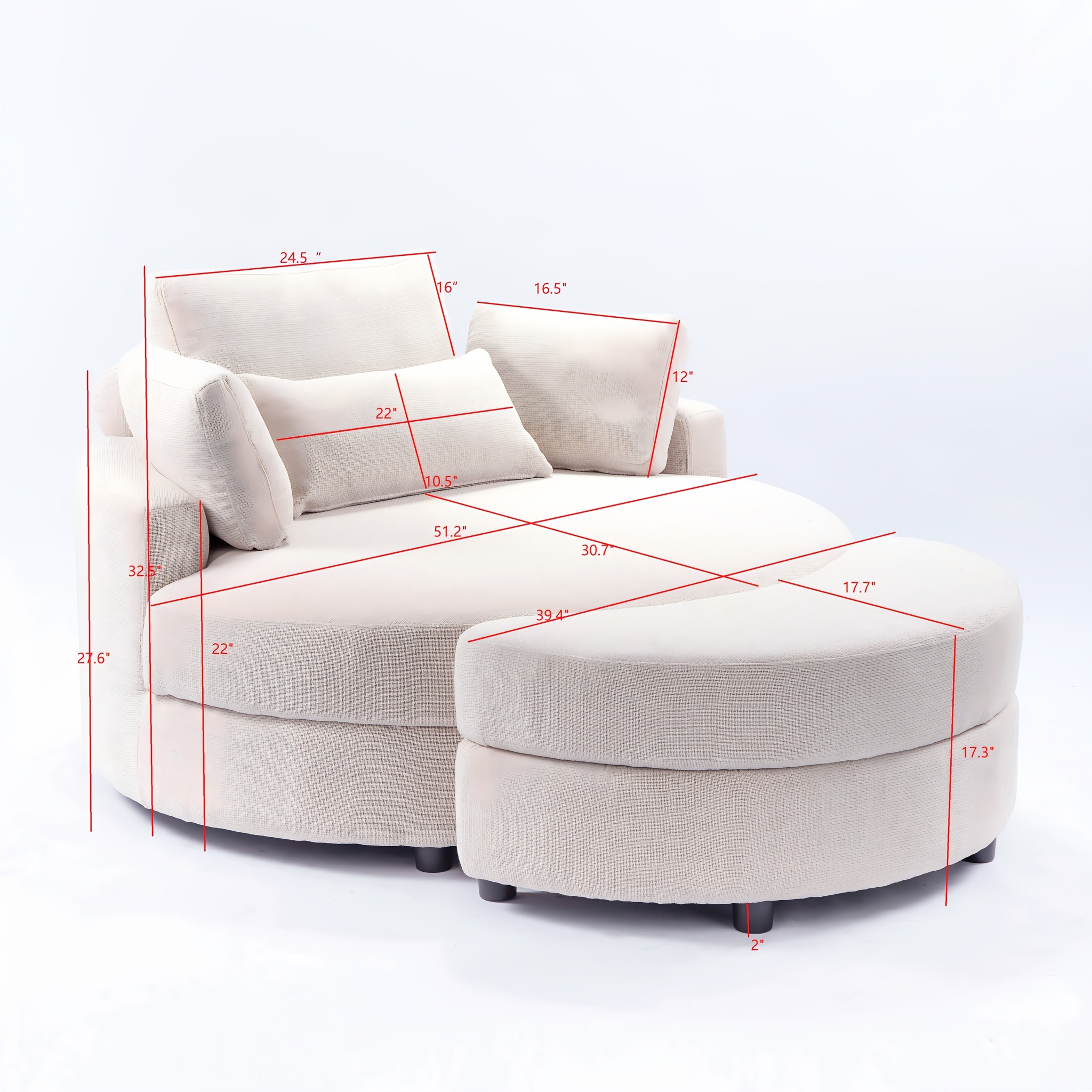 52 Inch Round Chair Linen with Moon Storage Ottoman, with 4 Pillows for Study Living Room Bedroom, Beige/dark Gray/light Gray/orange/green House Of Avana