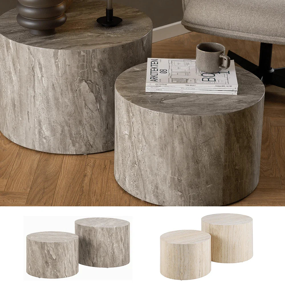 Dice Round Coffee Table Set in Grey Marble or Light Travertine Effect House Of Avana