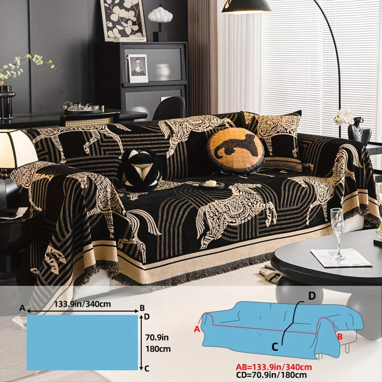 Luxurious Chenille Horse Design Sofa Cover Decor in Orange & Green topspet