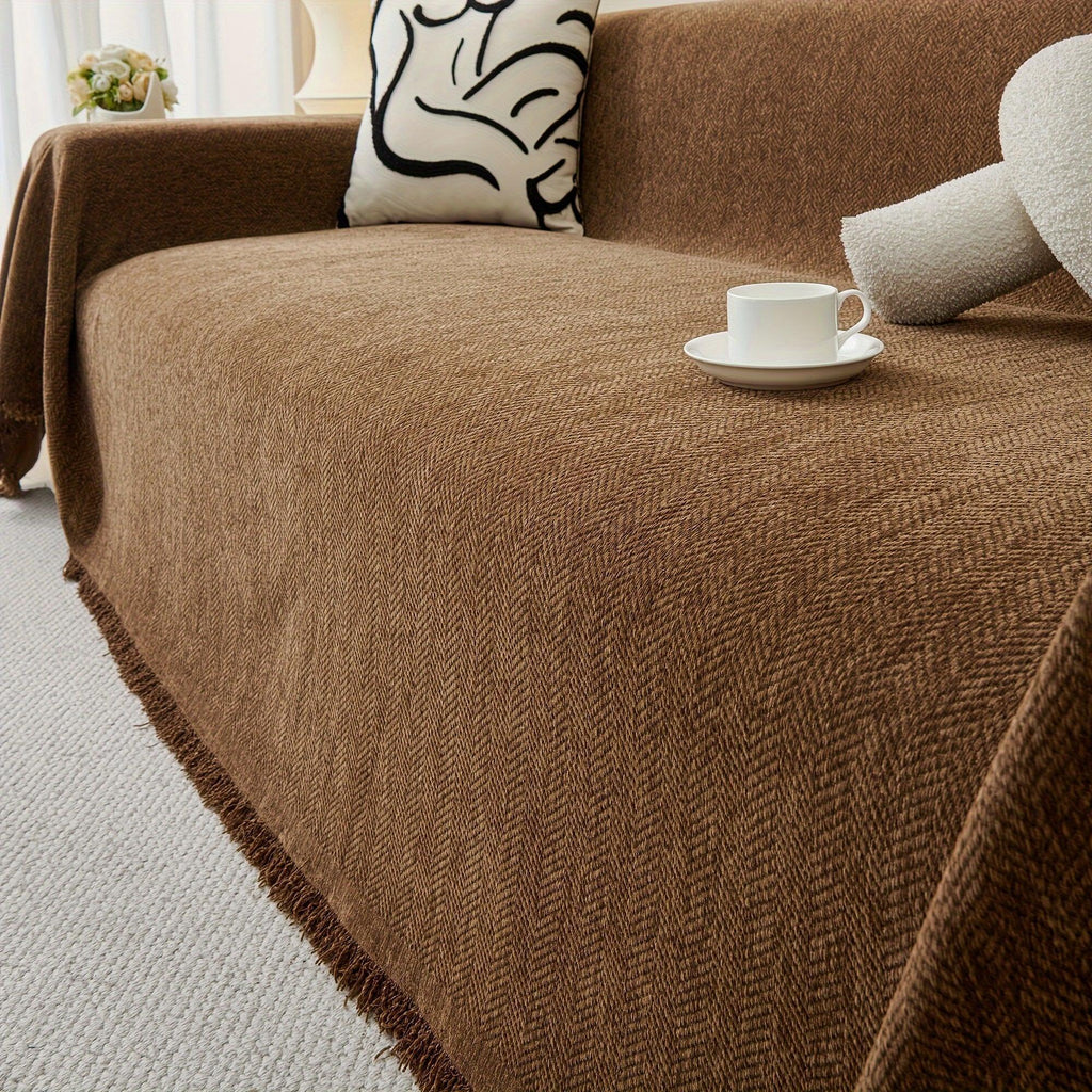 Update Sofa with Organic Couch Cover| Herringbone Chenille Tassels topspet