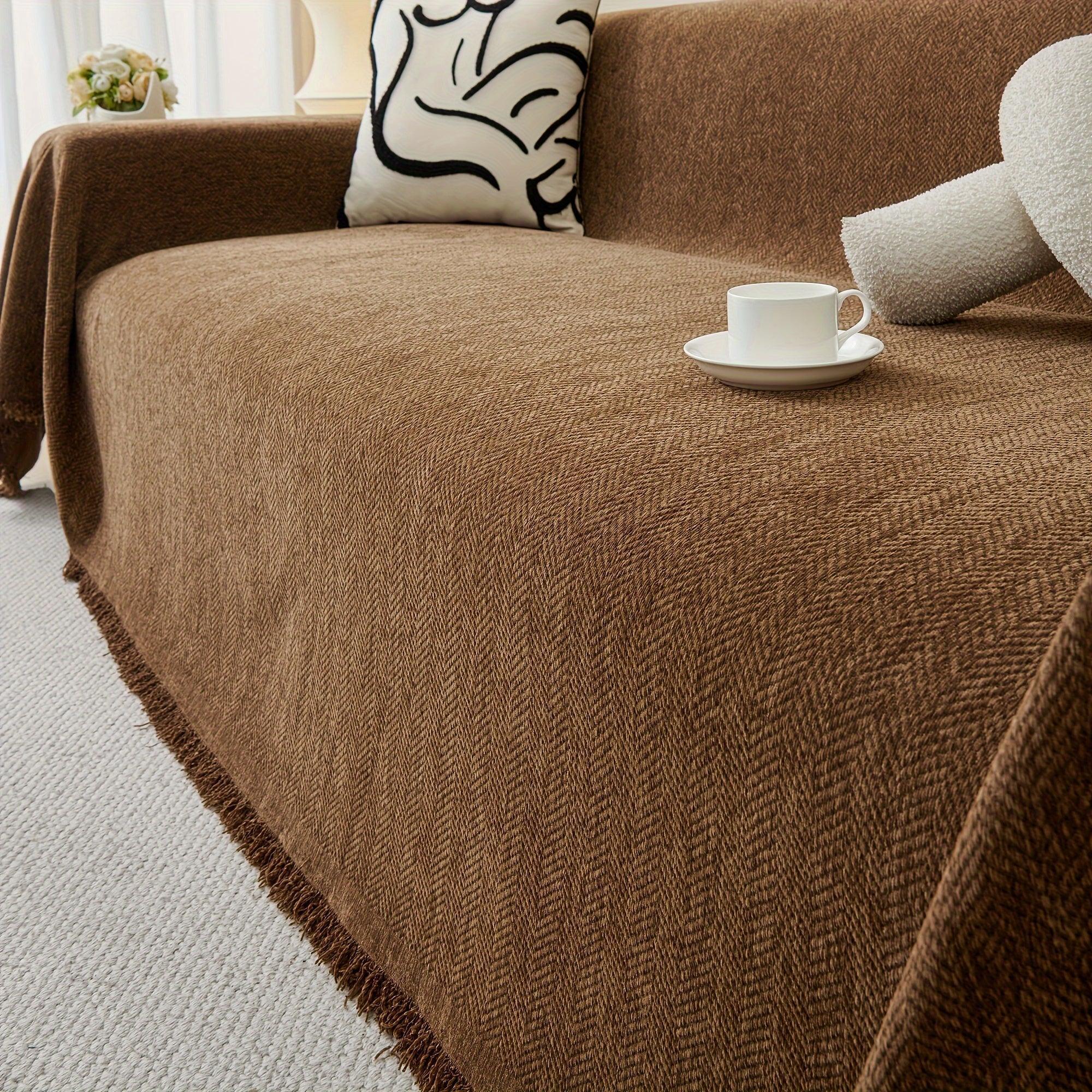 Update Sofa with Organic Couch Cover| Herringbone Chenille Tassels topspet