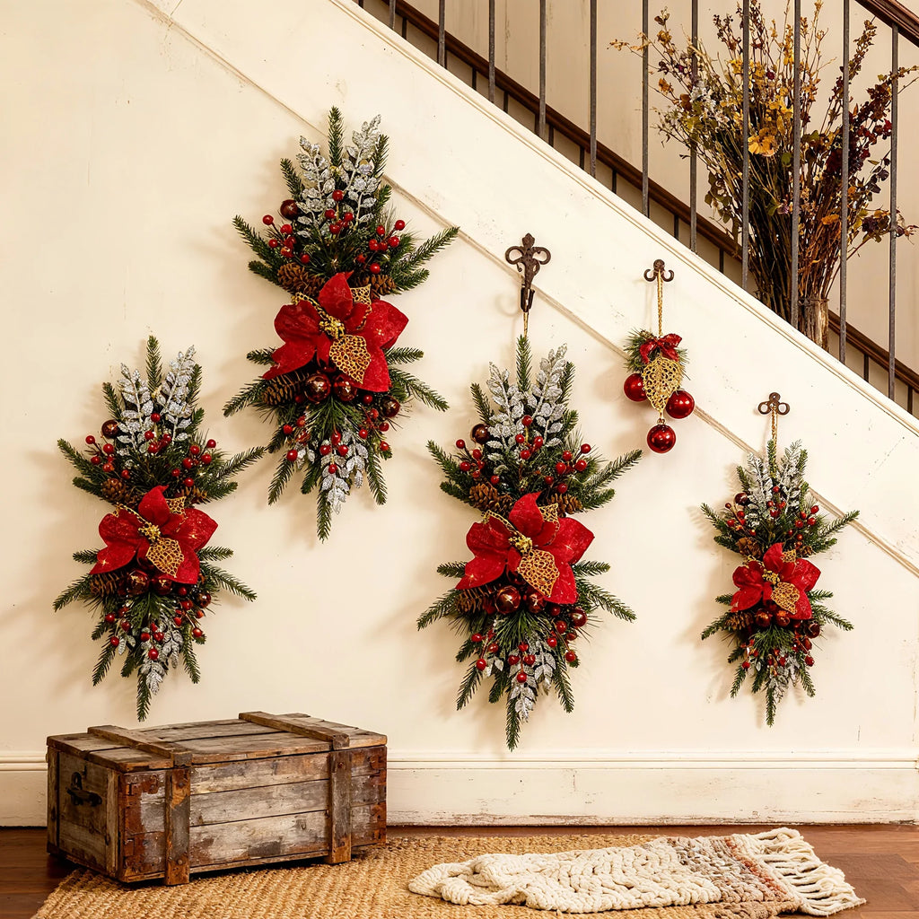 1-Pack 24-Inch Large Red & Christmas Garland with Poinsettias, Pine Cones, Berries & Bow - Stair Railing, Door, Wall Holiday Decorations - Plastic Faux Greenery Wreath for Xmas Tree-like Hanging (No Maintenance House Of Avana