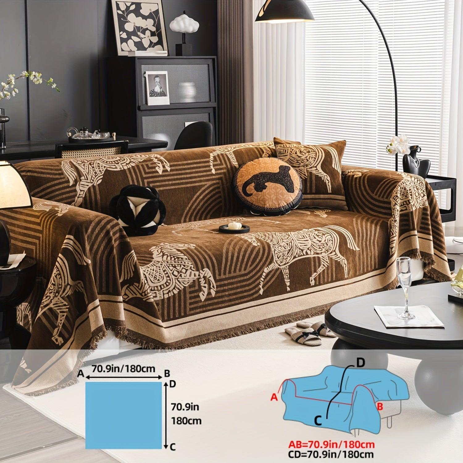 Luxurious Chenille Horse Design Sofa Cover Decor in Orange & Green topspet