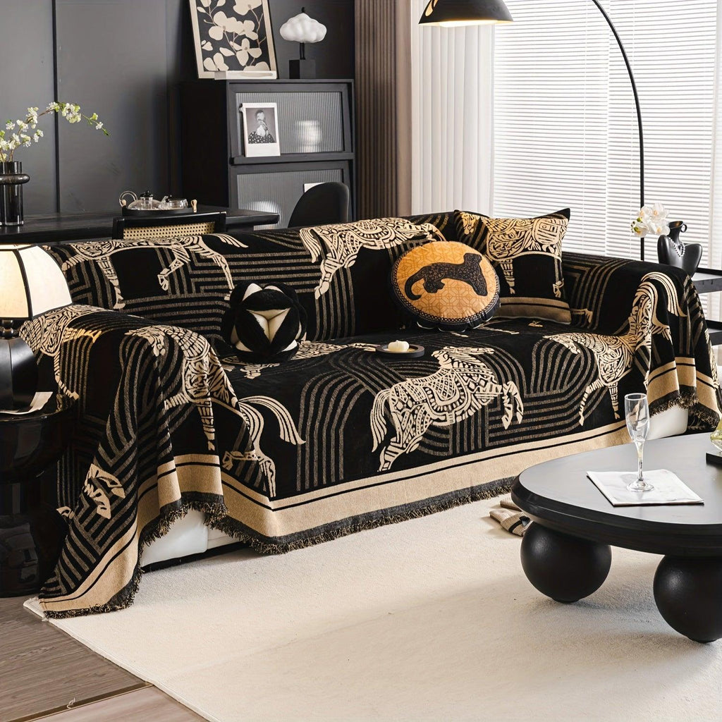 Luxurious Chenille Horse Design Sofa Cover Decor in Orange & Green topspet