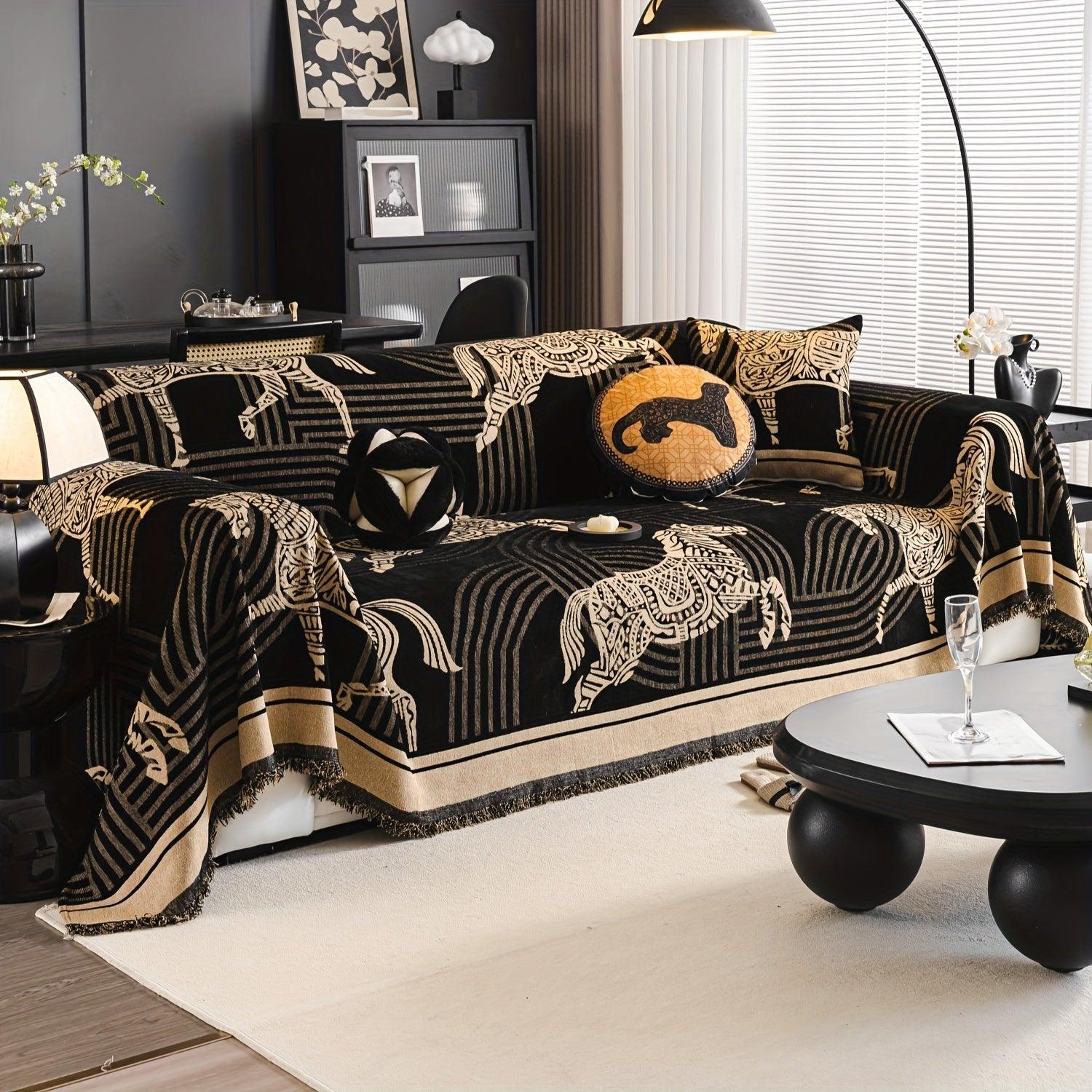 Luxurious Chenille Horse Design Sofa Cover Decor in Orange & Green topspet