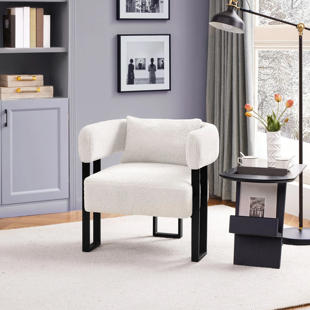 Costoffs Boucle Accent Chair Upholstered Armchair Vanity Chair with throw pillow & Adjustable Feet for Living Room/Bedroom/Home/Office/Small Space, White/Grey House Of Avana