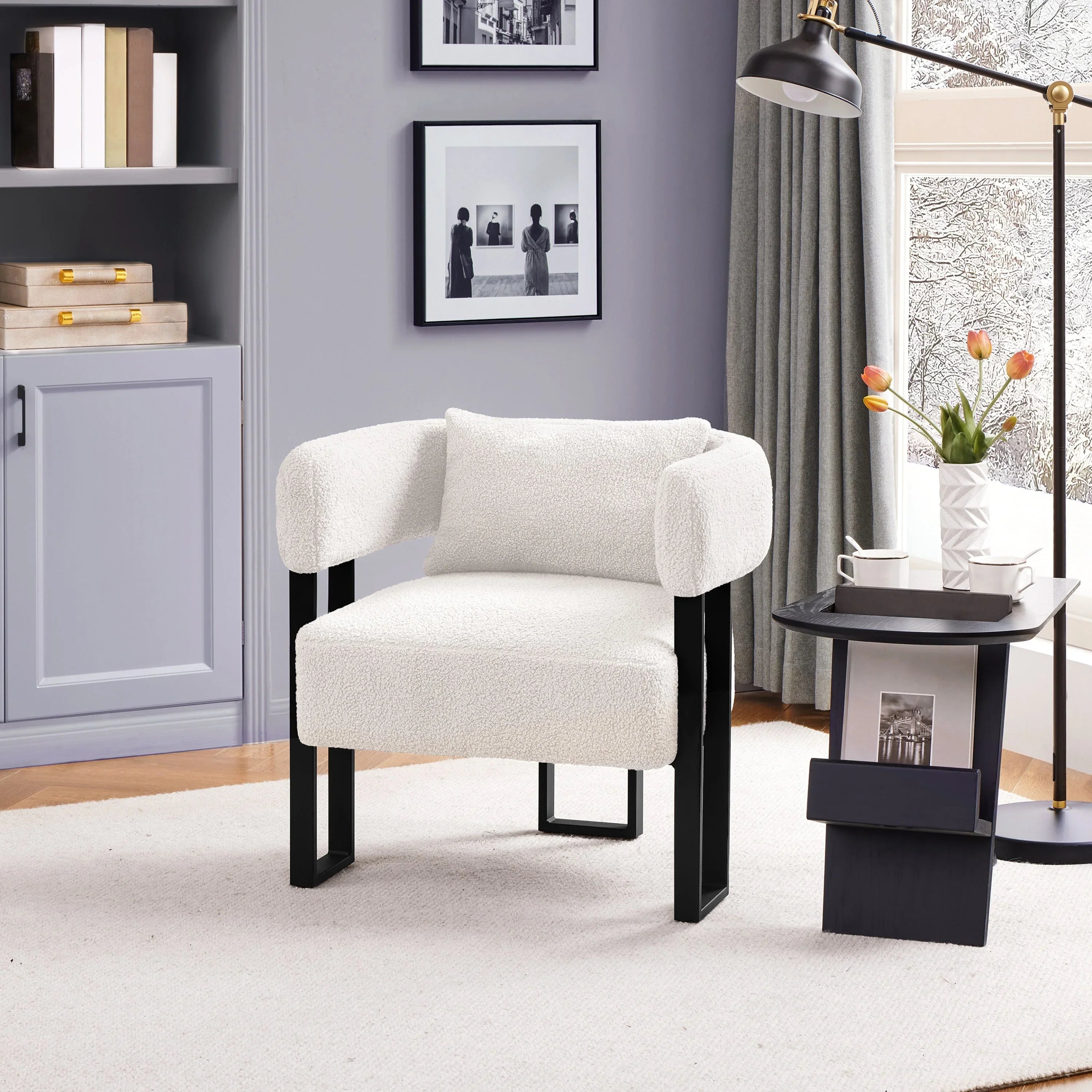 Costoffs Boucle Accent Chair Upholstered Armchair Vanity Chair with throw pillow & Adjustable Feet for Living Room/Bedroom/Home/Office/Small Space, White/Grey House Of Avana