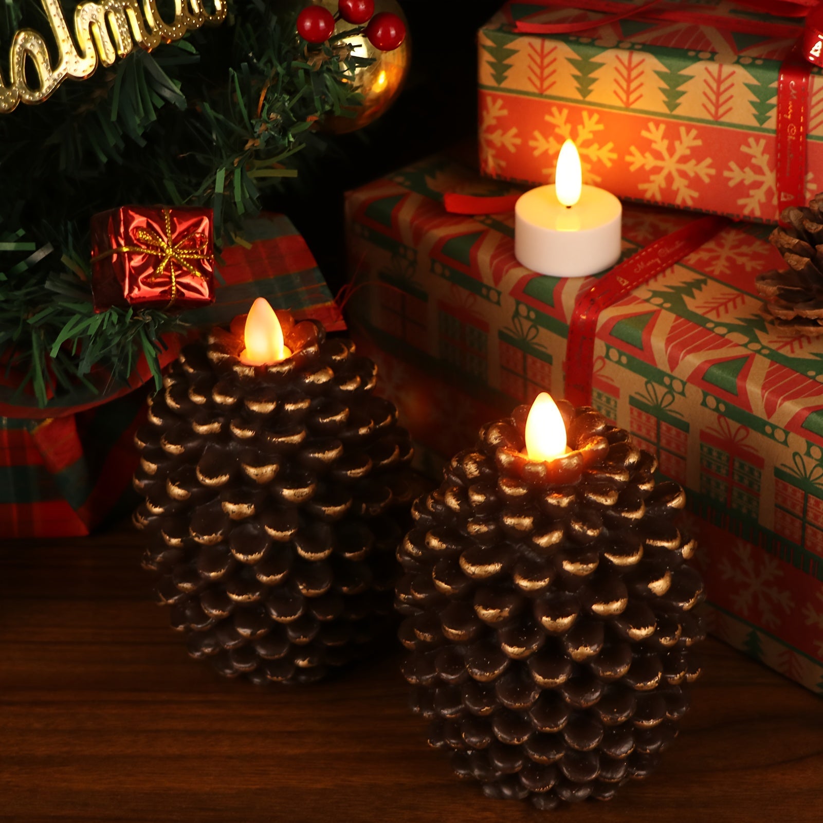 2 Pack Realistic Flickering Pine Cone LED Candles Battery Operated with 6-Hour Timer, Unscented Flameless Wax Candles with Glitter Accents, Oval Shape & Flat Wick for Christmas Holiday Home Decor (Living Room, Tabletop), Fest House Of Avana