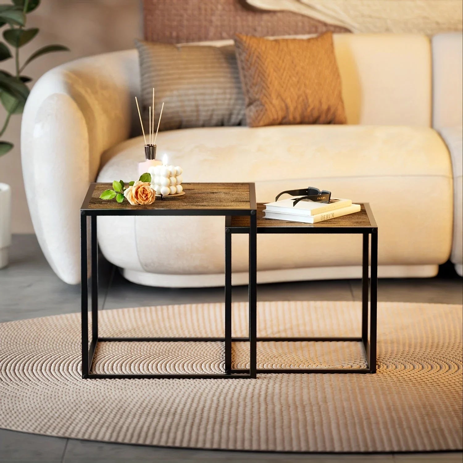 [2pcs Nordic Iron Art Tables] 2pcs Set, Minimalist Modern Nordic Iron Art Square Coffee Table and Side Tables for Living Room or Bedroom House Of Avana