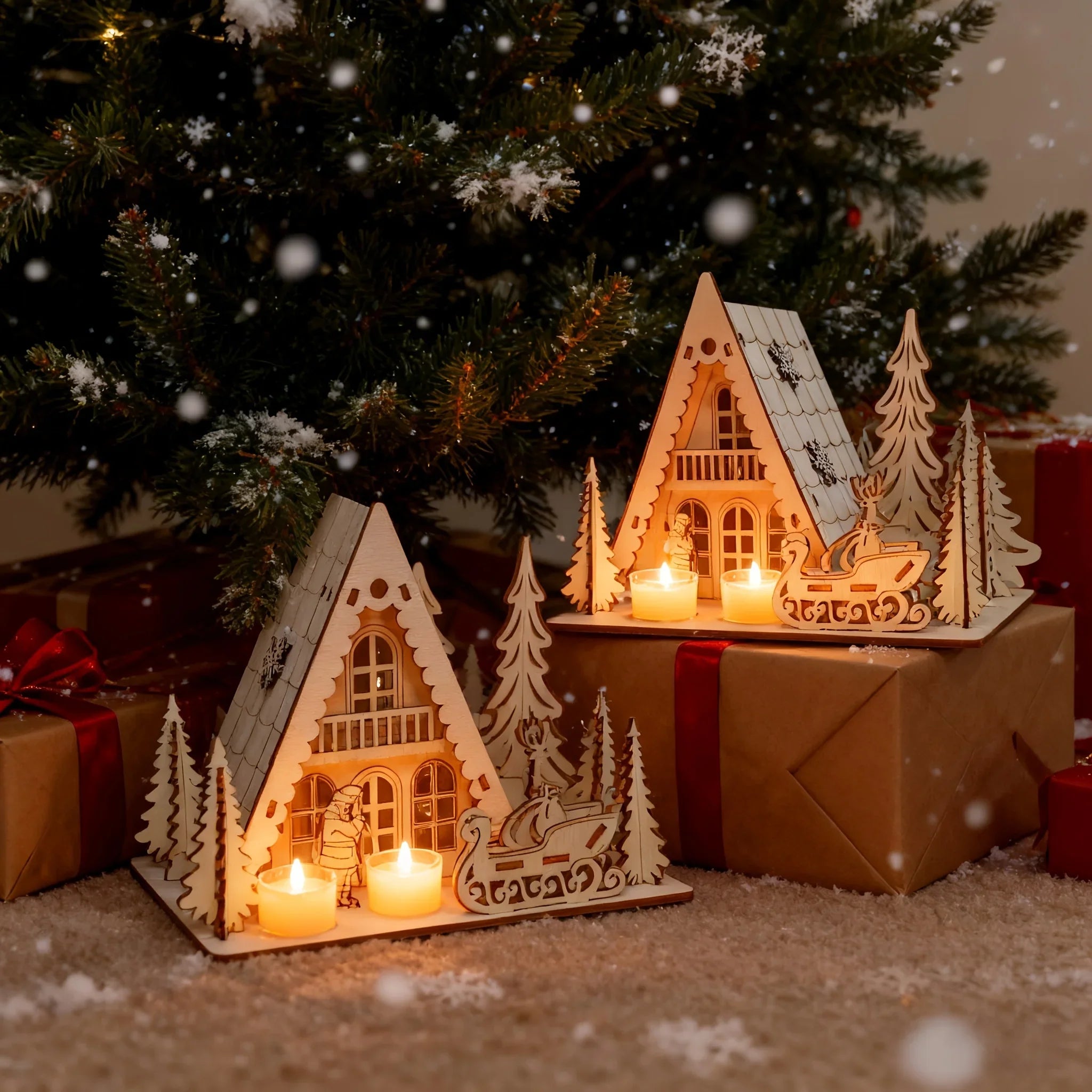3D Laser-Cut Wooden Christmas House Decoration - Traditional Style Tabletop Ornament with Santa Claus, Reindeer Sleigh & Pine Trees Scene, Perfect for Holiday Home, Mantel, and Party Decor, Christmas Decorations, Christma Vil House Of Avana