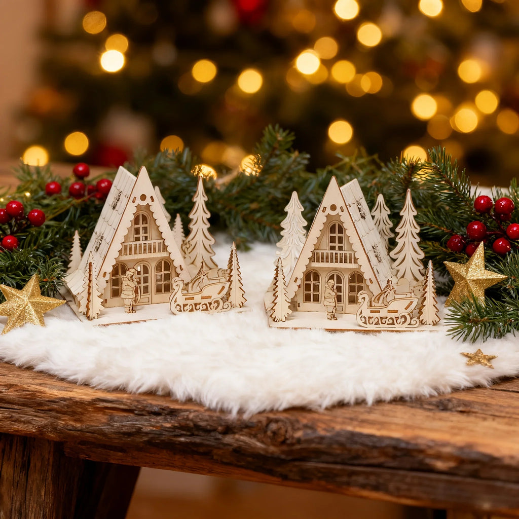 3D Laser-Cut Wooden Christmas House Decoration - Traditional Style Tabletop Ornament with Santa Claus, Reindeer Sleigh & Pine Trees Scene, Perfect for Holiday Home, Mantel, and Party Decor, Christmas Decorations, Christma Vil House Of Avana