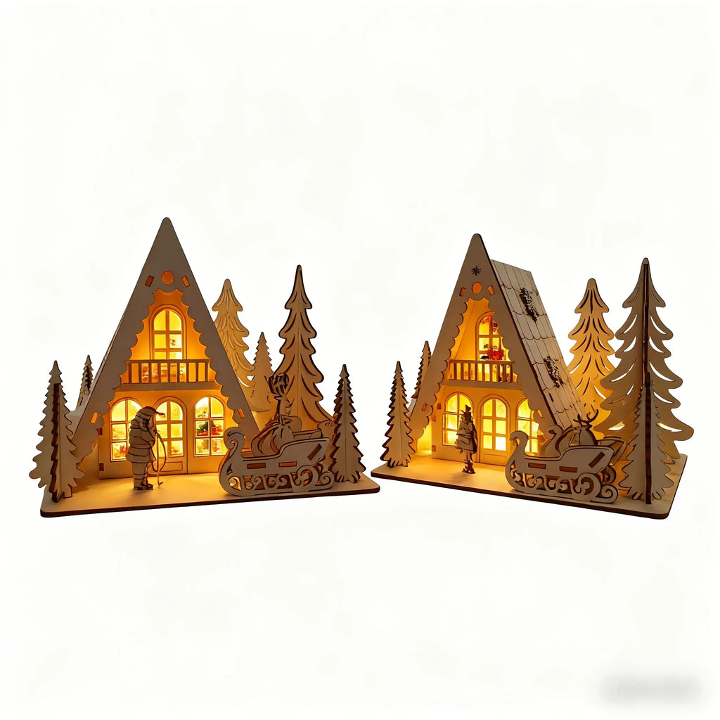 3D Laser-Cut Wooden Christmas House Decoration - Traditional Style Tabletop Ornament with Santa Claus, Reindeer Sleigh & Pine Trees Scene, Perfect for Holiday Home, Mantel, and Party Decor, Christmas Decorations, Christma Vil House Of Avana