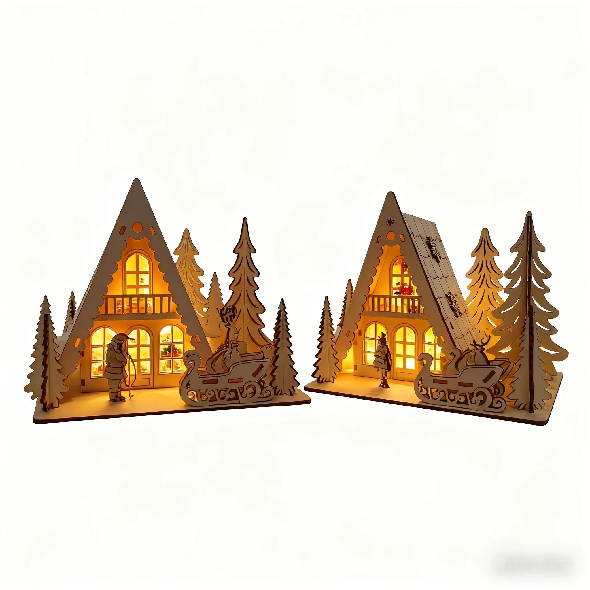 3D Laser-Cut Wooden Christmas House Decoration - Traditional Style Tabletop Ornament with Santa Claus, Reindeer Sleigh & Pine Trees Scene, Perfect for Holiday Home, Mantel, and Party Decor, Christmas Decorations, Christma Vil House Of Avana