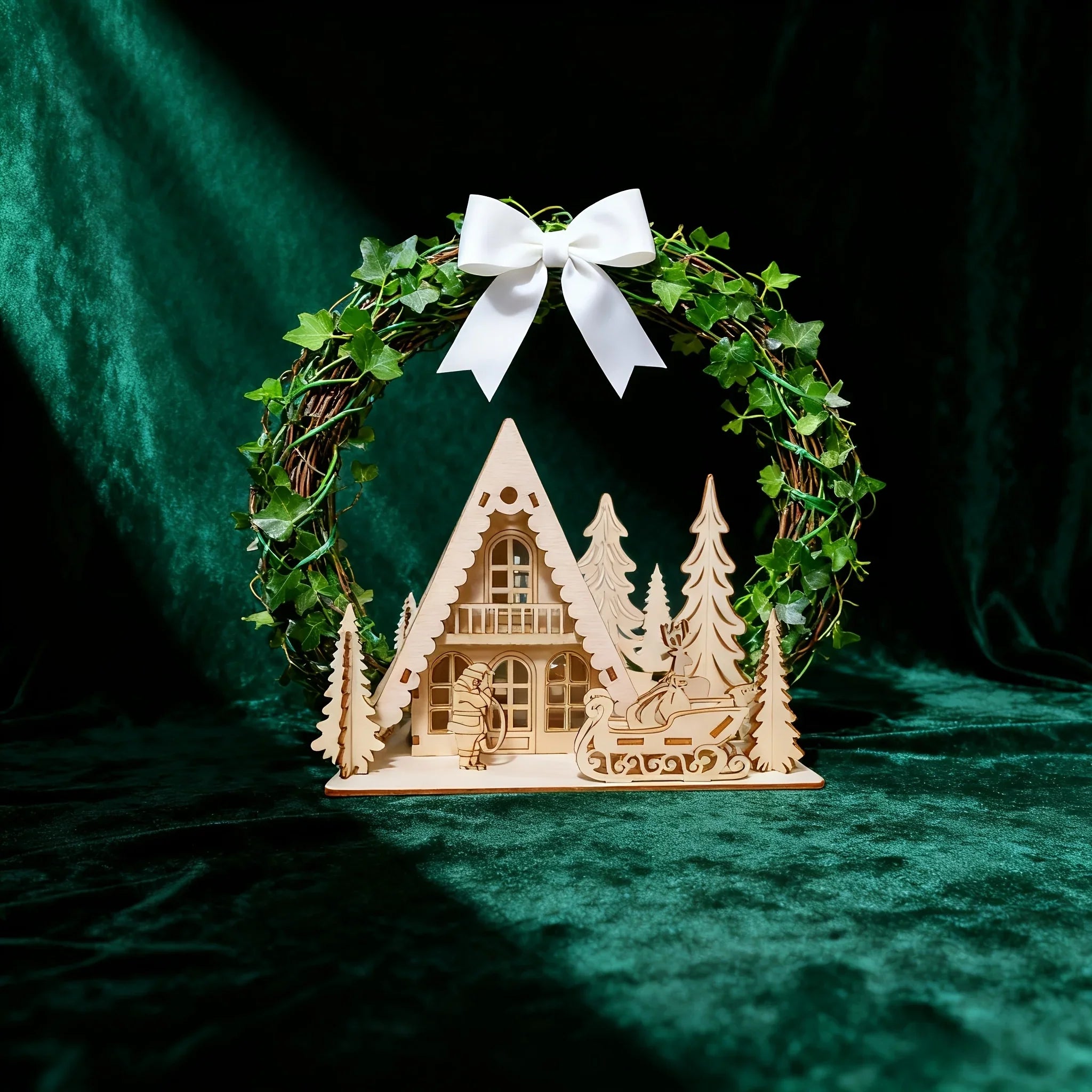 3D Laser-Cut Wooden Christmas House Decoration - Traditional Style Tabletop Ornament with Santa Claus, Reindeer Sleigh & Pine Trees Scene, Perfect for Holiday Home, Mantel, and Party Decor, Christmas Decorations, Christma Vil House Of Avana