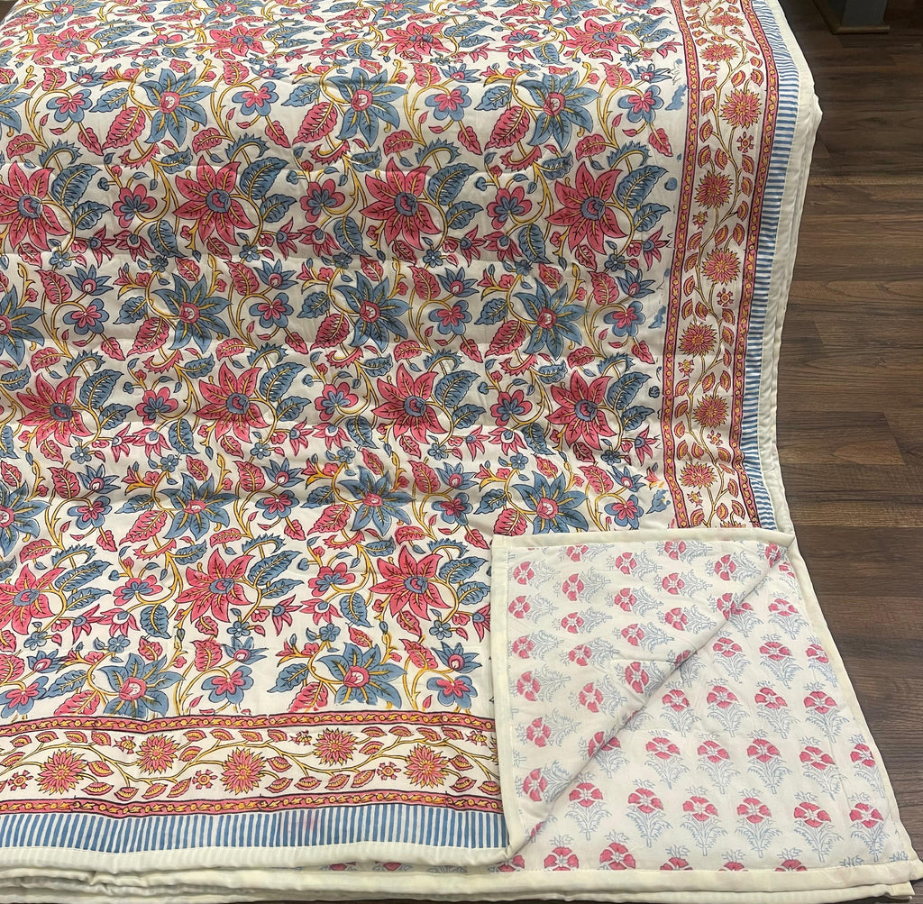 Cream & Rose Pink Dusty Blue Jaipur Indian hand block print floral quilted comforter | Jaipur Indian block print cotton muslin quilted comforter | Sanganer hand block print floral bedding | quilt Queen King size India handicraft | House of Avana