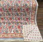 Cream & Rose Pink Dusty Blue Jaipur Indian hand block print floral quilted comforter | Jaipur Indian block print cotton muslin quilted comforter | Sanganer hand block print floral bedding | quilt Queen King size India handicraft | House of Avana