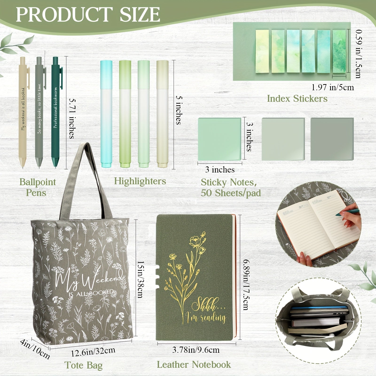 14pcs Book Lovers Gift Set 16oz Green Plastic Tumbler Canva Bag A6 Journal Notebook Ballpoint Pens Sticky Notes Highlighters for Librarian Bookworm Readers Nurse Study House Of Avana