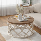 Farmhouse Rustic Round White End Table, Coffee Table, Distressed Tray Top Side Table With Curved Motif Frame Base House Of Avana