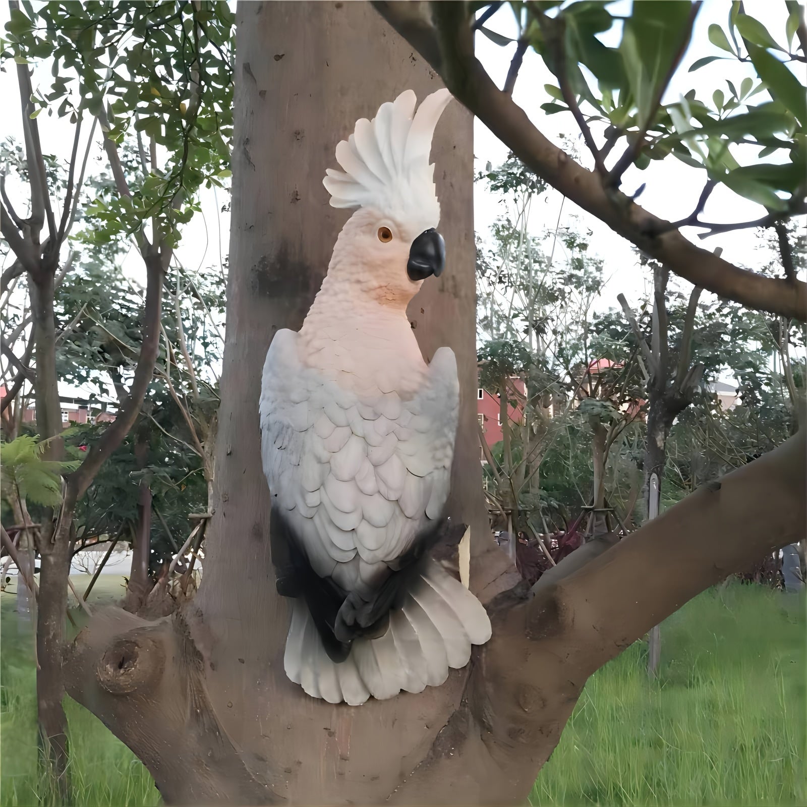 [Lifelike Resin Parrot] Classic White and Pink Resin Parrot Sculpture - Lifelike Outdoor Garden Tree Hanging Decoration, No Electricity Needed, Perfect for Thanksgiving Decor, Bird Decor House Of Avana