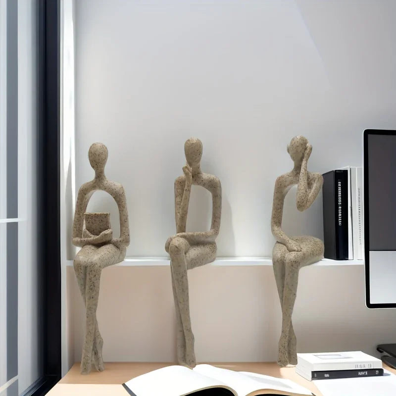 S Abstract Character Figurines - Black Resin Modern Decor with Sitting, Holding Phone & Reading... - House Of Avana