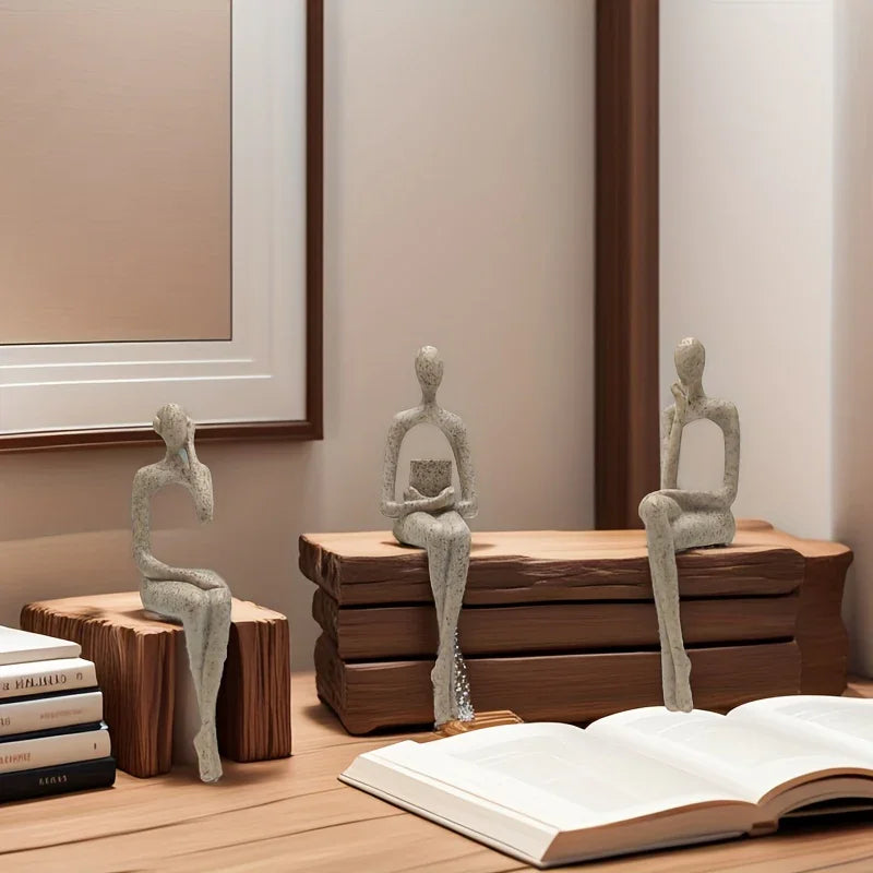 S Abstract Character Figurines - Black Resin Modern Decor with Sitting, Holding Phone & Reading... - House Of Avana
