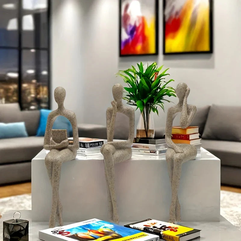 S Abstract Character Figurines - Black Resin Modern Decor with Sitting, Holding Phone & Reading... - House Of Avana