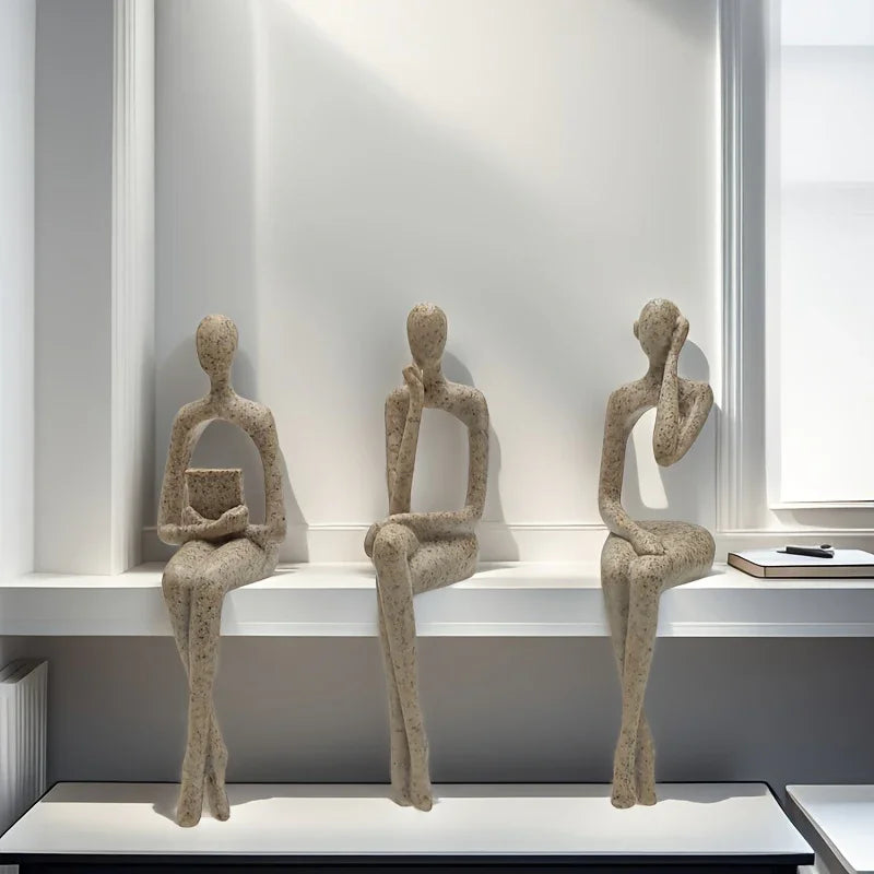 S Abstract Character Figurines - Black Resin Modern Decor with Sitting, Holding Phone & Reading... - House Of Avana