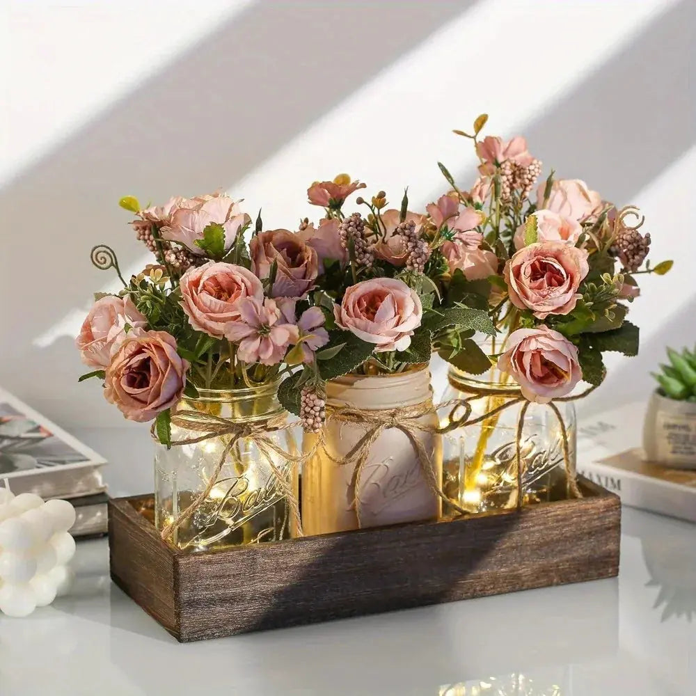 S Mason Jar Centerpiece Table Decorations for Dining Table Decor Farmhouse Coffee Table Decor with Wood... - House Of Avana [[SKU:HOA-CON-402]]