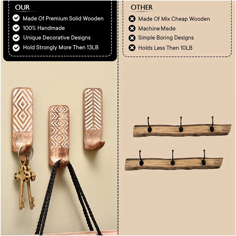 S Boho Wooden Wall Hooks Set, Rust Resistant, Easy Install Adhesive, Perfect for Bathroom & Home Decor,... - House Of Avana