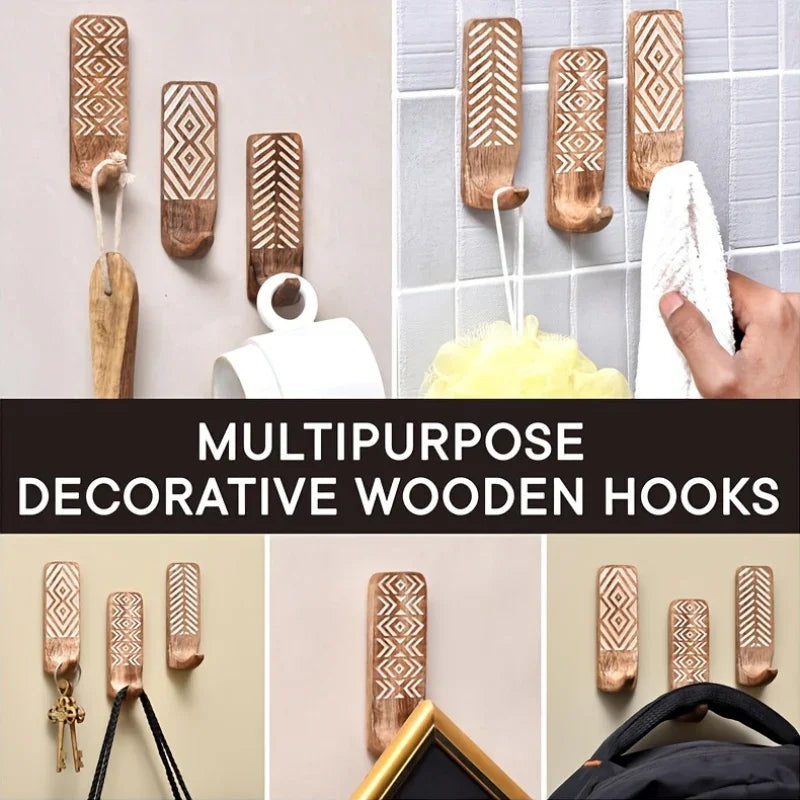 S Boho Wooden Wall Hooks Set, Rust Resistant, Easy Install Adhesive, Perfect for Bathroom & Home Decor,... - House Of Avana