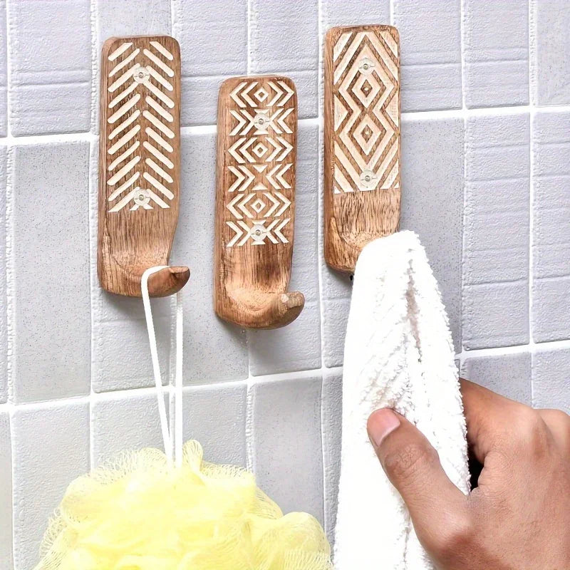 S Boho Wooden Wall Hooks Set, Rust Resistant, Easy Install Adhesive, Perfect for Bathroom & Home Decor,... - House Of Avana