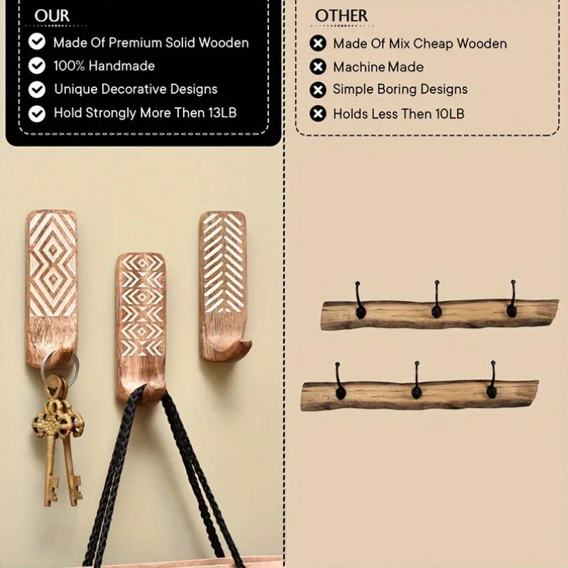 S Boho Wooden Wall Hooks Set, Rust Resistant, Easy Install Adhesive, Perfect for Bathroom & Home Decor,... - House Of Avana