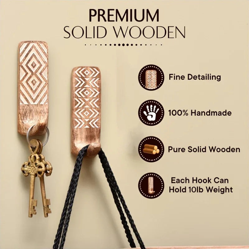 S Boho Wooden Wall Hooks Set, Rust Resistant, Easy Install Adhesive, Perfect for Bathroom & Home Decor,... - House Of Avana