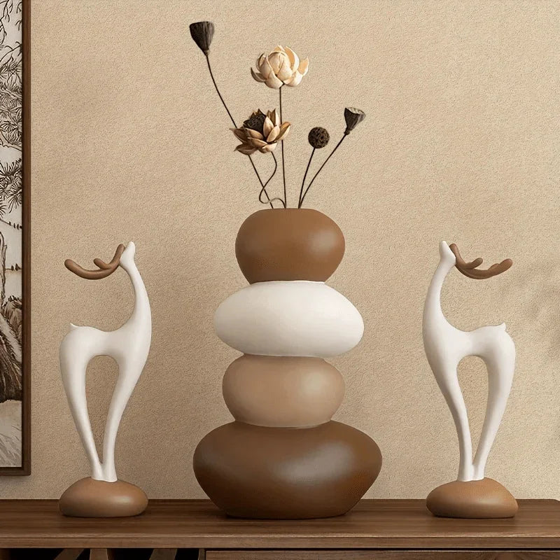 3pcs Creative Stacked Stone Vase and Deer Collectible Figurine Set, Resin Ornaments for Living Room, Bedroom, Office Desk, Bookshelf – Unique Christmas Gifts for Family & Friends House Of Avana