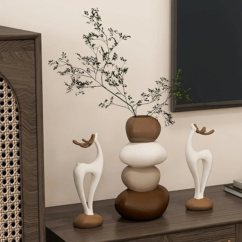 3pcs Creative Stacked Stone Vase and Deer Collectible Figurine Set, Resin Ornaments for Living Room, Bedroom, Office Desk, Bookshelf – Unique Christmas Gifts for Family & Friends House Of Avana