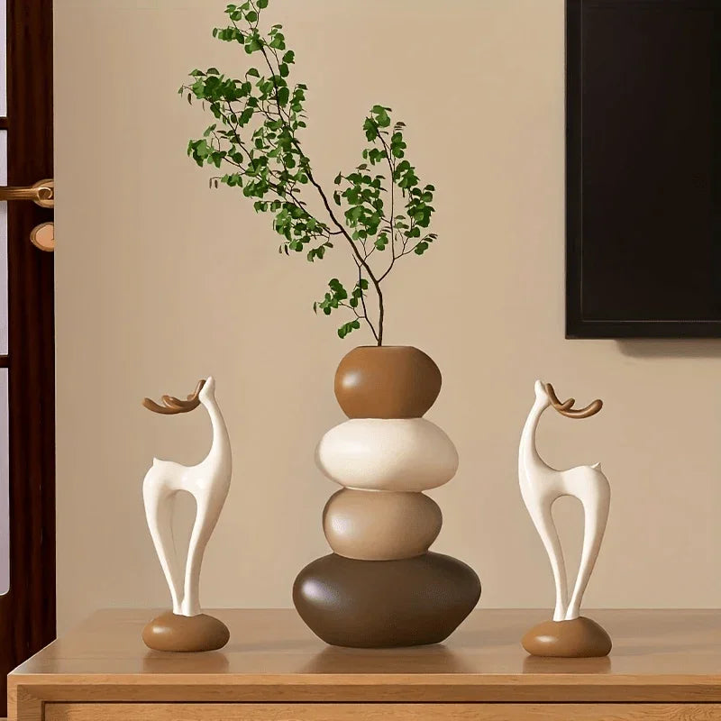 3pcs Creative Stacked Stone Vase and Deer Collectible Figurine Set, Resin Ornaments for Living Room, Bedroom, Office Desk, Bookshelf – Unique Christmas Gifts for Family & Friends House Of Avana