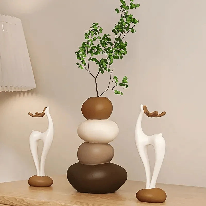 3pcs Creative Stacked Stone Vase and Deer Collectible Figurine Set, Resin Ornaments for Living Room, Bedroom, Office Desk, Bookshelf – Unique Christmas Gifts for Family & Friends House Of Avana