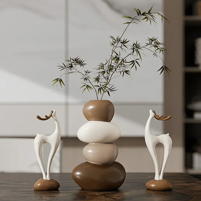 3pcs Creative Stacked Stone Vase and Deer Collectible Figurine Set, Resin Ornaments for Living Room, Bedroom, Office Desk, Bookshelf – Unique Christmas Gifts for Family & Friends House Of Avana