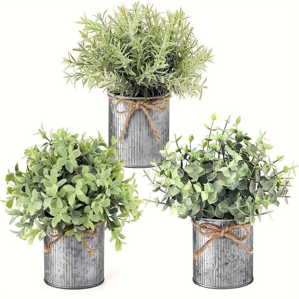 3pcs potted artificial eucalyptus tree, galvanized flower pot desktop center decoration suitable for shelves, offices, rural home decoration House Of Avana