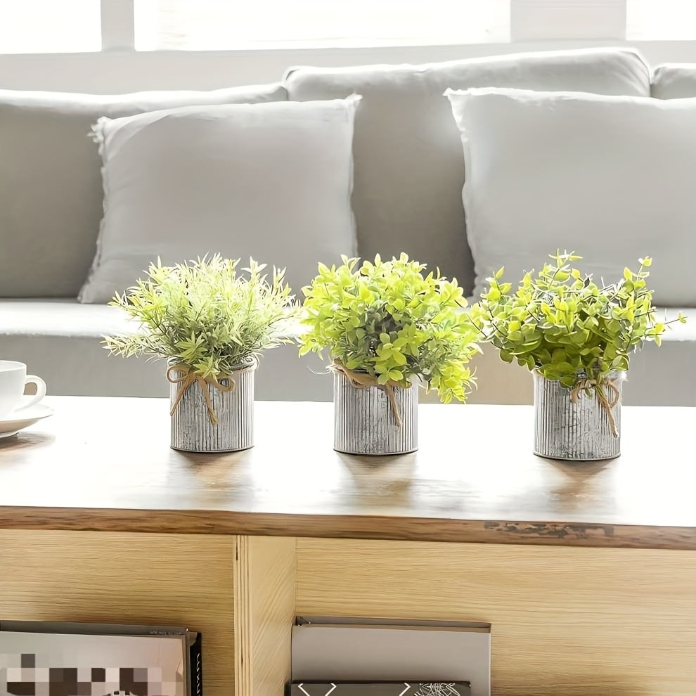 3pcs potted artificial eucalyptus tree, galvanized flower pot desktop center decoration suitable for shelves, offices, rural home decoration House Of Avana