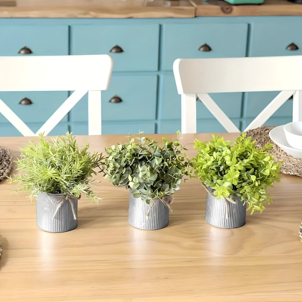 3pcs potted artificial eucalyptus tree, galvanized flower pot desktop center decoration suitable for shelves, offices, rural home decoration House Of Avana
