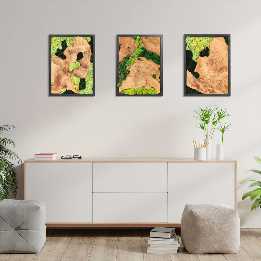 3pcs Preserved Moss Wall Art with Natural Wood, Featuring Unique Grain Patterns, Handcrafted Rustic Rectangular Decor, 12x16in, Ideal for Living Room, Bedroom, Or Office House Of Avana